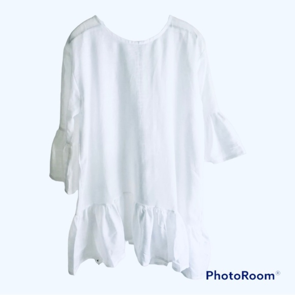 Tunic Top Plus Size 22W Long White Linen Asymmetrical Ruffle Lightweight